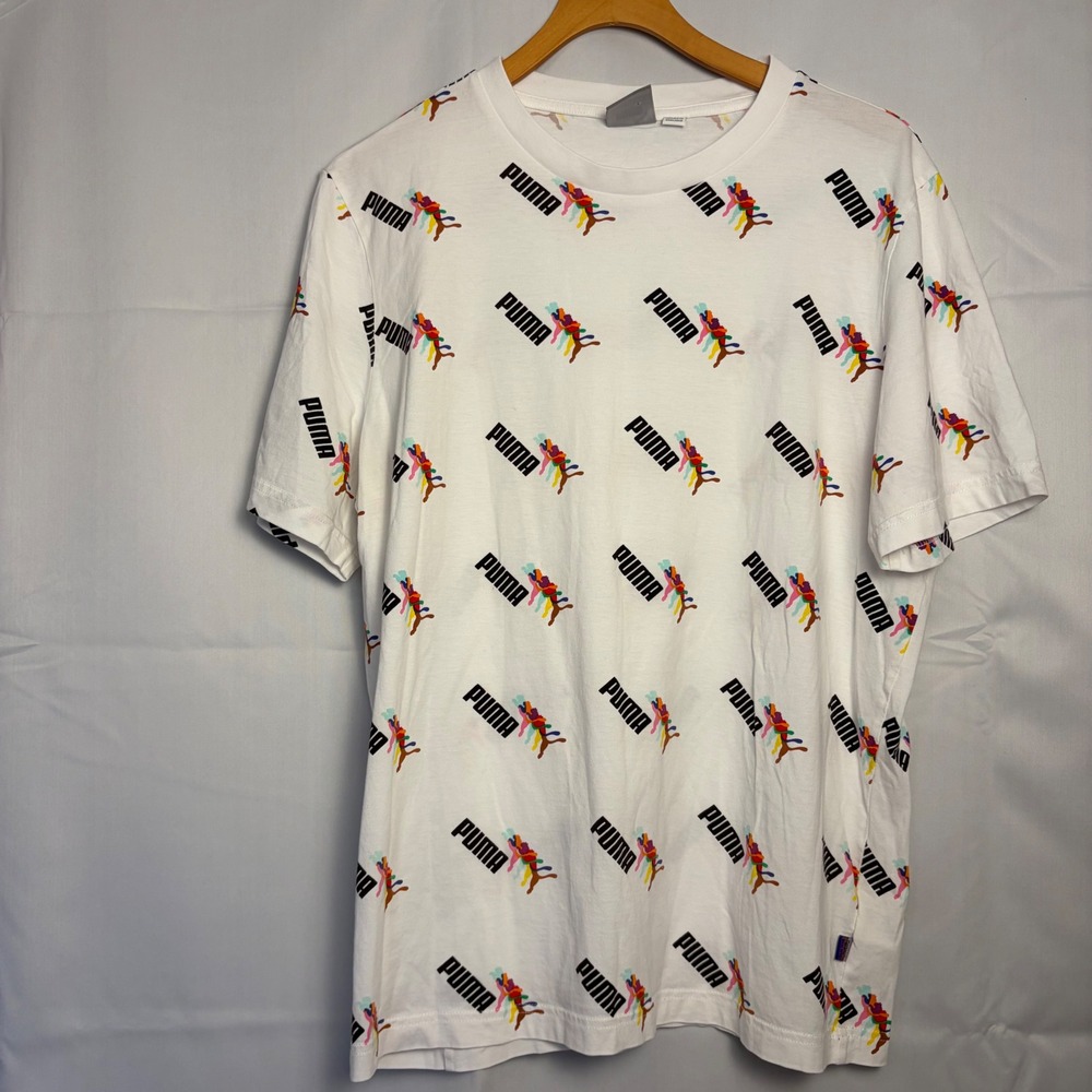 PUMA ESS+‎ LOVE WINS T-SHIRT Puma Mens All Over Print Logo White Multi Color